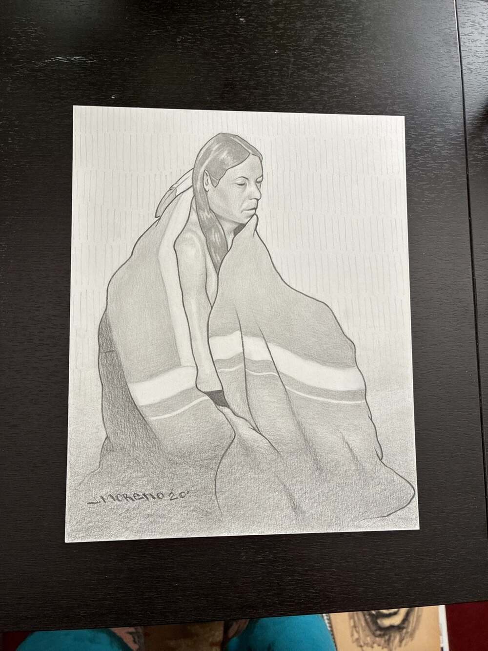 J. Moreno 2020 Original Graphite Pencil Drawing of Native American Wrapped in Bl